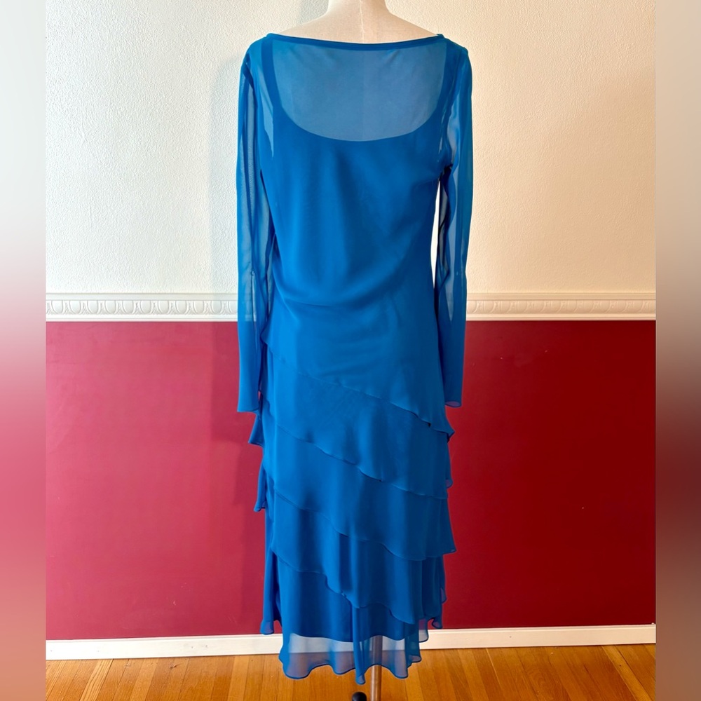 Vintage Cattiva tiered chiffon 2-piece bateau neck dress in teal blue - Picture 2 of 15